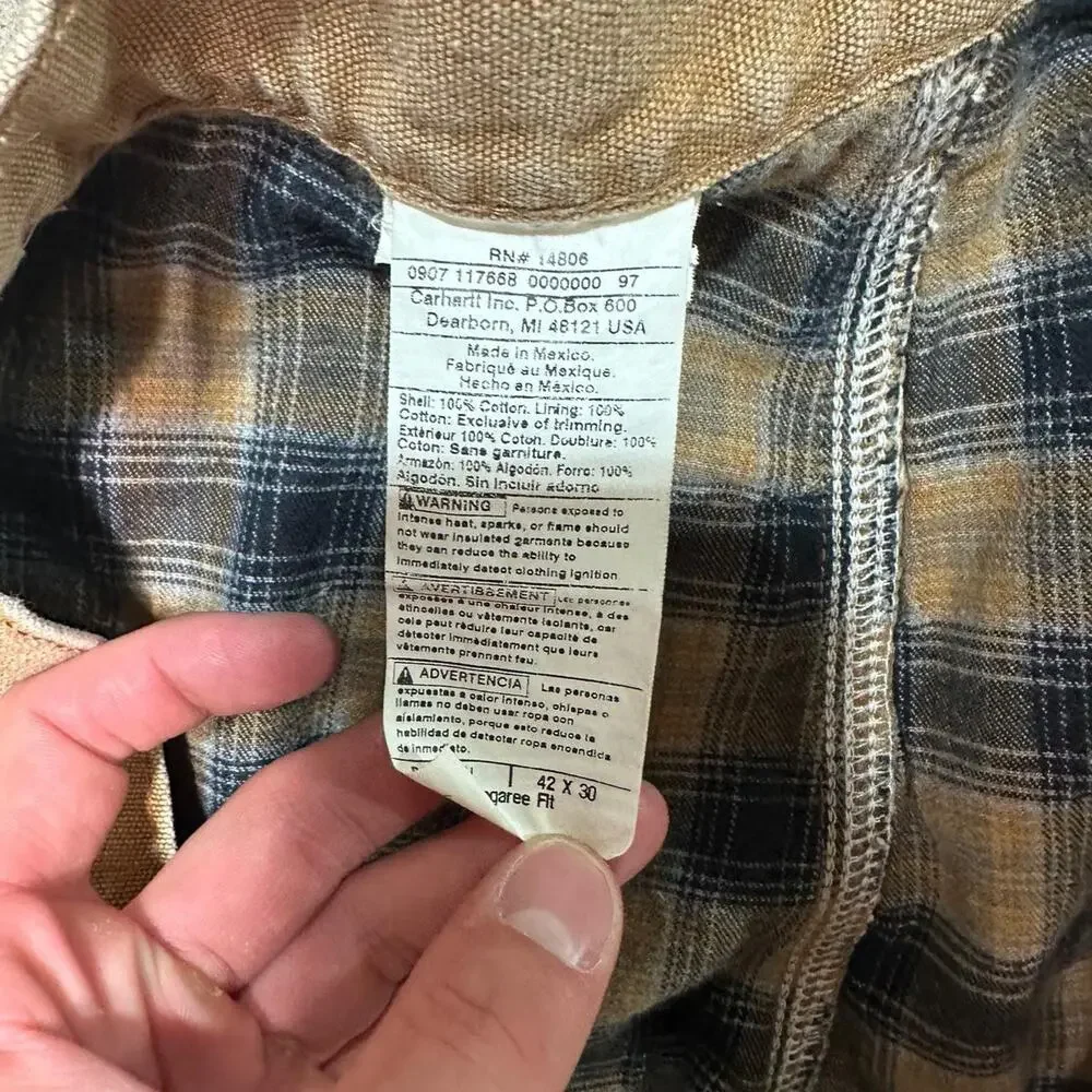 Vintage Carhartt Tan Blanket Flannel Lined Carpenter Pants Mens 42x30 Jeans - Picture 5 of 6